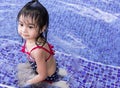 Cute asian toddlers twins portrait shot smiling while playing on waters of a swimming pool in a resort Royalty Free Stock Photo