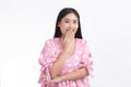 Cute Asian woman Pink dress Standing smile Close your mouth and look straight. Royalty Free Stock Photo