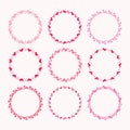 Cute assorted red and pink empty cartoon heart shape round emblem borders design elements icons set on light pink