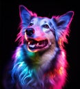Cute astro dog in neon rainbow color lights over black background.