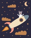 Cute astronaut bear on a space rocket with clouds, stars and the moon as a background Royalty Free Stock Photo