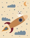 Cute astronaut bear on a space rocket with clouds, stars and the moon as a background Royalty Free Stock Photo