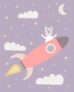 Cute astronaut bears on a space rocket with clouds, stars and the moon as a background Royalty Free Stock Photo