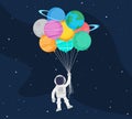 Cute astronaut cartoon floating with balloon planet in space background