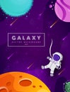 Cute astronaut cartoon floating with planet in space background. Colorful universe. Game design. Fantasy space planets