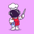 cute astronaut chef with fish knife cartoon vector icon illustration