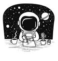 Cute astronaut draws at the table in space. Hand drawn vector illustration. Royalty Free Stock Photo
