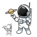 Cute Astronaut with Hand Presenting Planet Saturn with Black and White Line Art Drawing