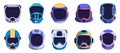 Cute astronaut helmet set. Cartoon cosmic spacesuit helmets with funny stickers, flat universe spaceship avatars for