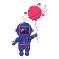 Cute astronaut keeps abstract balloon like a asteroid. Funny cosmonaut.