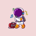 Cute Astronaut Listening Music and singing with Boombox Cartoon