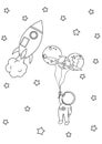 Cute astronaut in outer space with planets like balloons and spaceship, stars in cute flat cartoon style Royalty Free Stock Photo