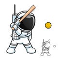 Cute Astronaut Playing Baseball with Moon Ball with Black and White Line Art Drawing