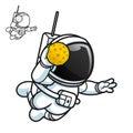 Cute Astronaut Playing Handball with Moon Ball with Black and White Line Art Drawing