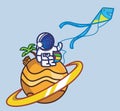 cute astronaut playing kite on planet. cartoon travel holiday vacation summer concept Isolated illustration. Flat Style suitable