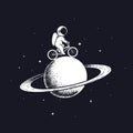 Cute astronaut rides on bicycle at the Saturn