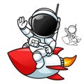 Cute Astronaut Riding a Rocket Waving His Hand with Black and White Line Art Drawing Royalty Free Stock Photo