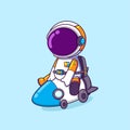The cute astronaut is riding a small rocket nuclear which have four small wheels