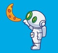 Cute astronaut robot reach the moon. Isolated cartoon person science technology illustration. Flat Style suitable for Sticker