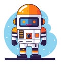 Cute astronaut robot with a smiling face screen standing on a surface with stars and a moon in the background. Friendly