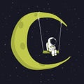Cute astronaut sits on swing in space