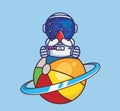 cute astronaut sitting on colorful planet eating watermelon fruit. cartoon travel holiday vacation summer concept Isolated