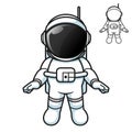 Cute Astronaut Standing Floating in Space with Black and White Line Art Drawing