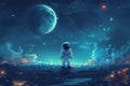 A cute astronaut standing on the moon with beautiful galaxy background, Generative AI