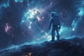 A cute astronaut standing on the moon with beautiful galaxy background, Generative AI