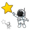 Cute Astronaut Standing Reaching Star with Black and White Line Art Drawing Royalty Free Stock Photo