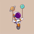 Cute Astronaut With Unicycle Bike And Planets Cartoon character