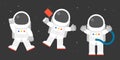 Cute astronaut in various post, holding flag, say greeting