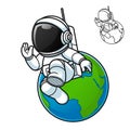 Cute Astronaut Walking Floating in Space with Earth with Black and White Line Art Drawing