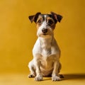 A cute, attentive dog with a mix of white and brown fur sits against a vibrant yellow background, ai generated Royalty Free Stock Photo