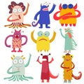 Cute attractive monsters set for print design. Symbol collection. Cute monster collection. Happy kids cartoon collection. People Royalty Free Stock Photo