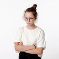 Cute ÃÂaucasian teen girl with glasses frown and take offense, portrait on white background