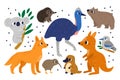 Cute Australian exotic animals. Cartoon marsupial mammals and birds. Strange characters. Kiwi and kookaburra. Kangaroo