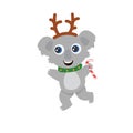 Cute Australian koala wombat with big eyes in a deer costume with a lollipop smiles and dances. New Year flat vector Royalty Free Stock Photo