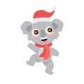 Cute Australian koala wombat with big eyes in a Santa hat smiles and dances. New Year flat vector cartoon illustration Royalty Free Stock Photo