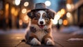 A cute Australian Shepherd puppy dog wearing a hat on blurred a snowy street background. Generative AI.