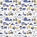 Cute automobile, doodle excavator, boys pattern. Truck print for fabric or nursery wallpaper, little baby boho tractor