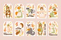 Cute autumn animals vector tags collection with hand drawn animals, leaves and letterings isolated on white background.