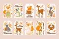 Cute autumn animals vector tags collection with hand drawn animals, leaves and letterings isolated on white background.