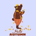 Cute autumn bear covered in fallen autumn leaves with a cup of coffee, Hello Autumn, fall. Vector, illustration isolated Royalty Free Stock Photo