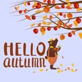 Cute autumn bear covered in fallen autumn leaves with a cup of coffee, Hello Autumn lettering, fall under apple tree Royalty Free Stock Photo