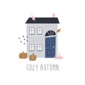 Cute autumn composition with colorful house, falling leaves and pumpkins