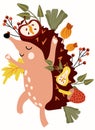 Cute Autumn composition with a dancing hedgehog, apple, pear, red berry and leaves. Perfect for web, harvest festival