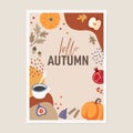 Cute autumn greeting card invitation. Pumpkins, cinnamon, colorful fall leaves, apple, figs and coffee on abstract Royalty Free Stock Photo