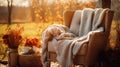 Cute autumn hygge home decor arrangement. Cozy chair with a warm blanket Royalty Free Stock Photo