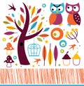Cute autumn owls and design elements